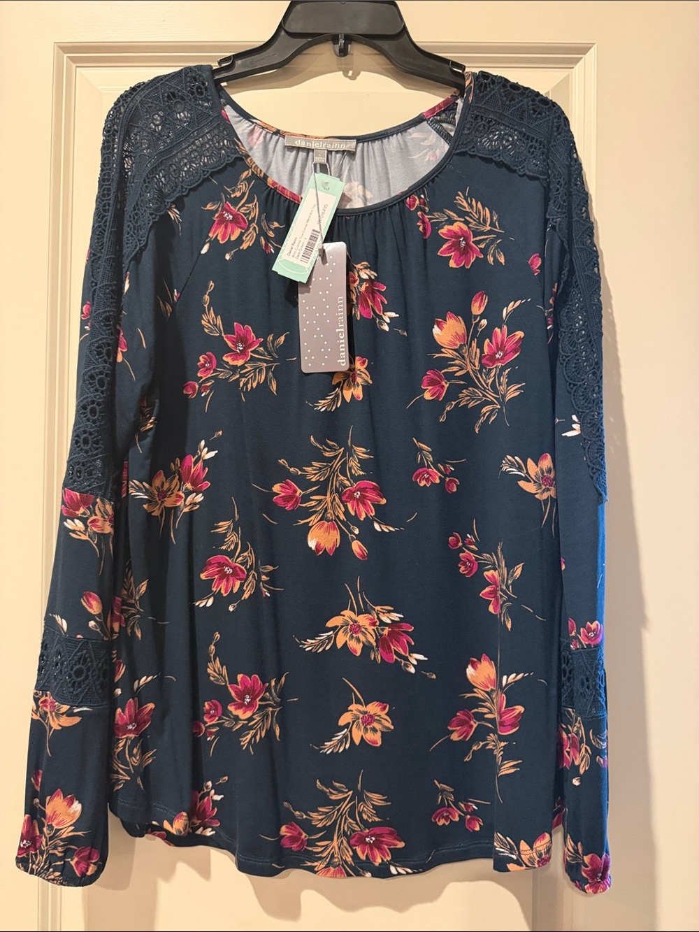 Daniel Rainn Navy Floral Lace-Shoulder Long Sleeve Blouse